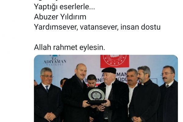 Bakan Soylu’dan Abuzer Yıldırım için başsağlığı mesajı