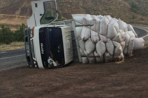 Virajı alamayan saman yüklü kamyon devrildi: 1 Yaralı