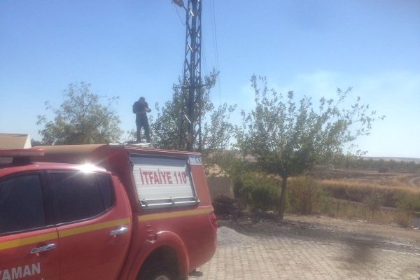 Yanan leylek yuvasını itfaiye ekipleri söndürdü